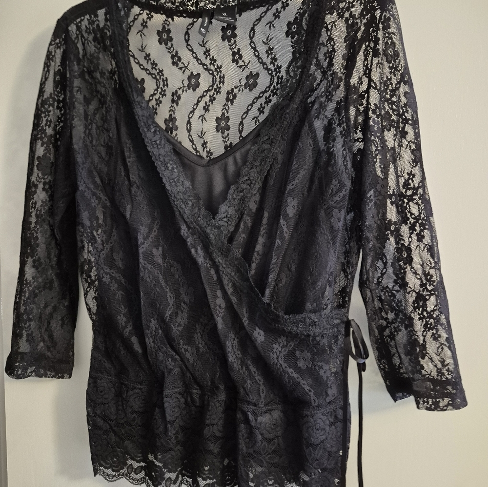 New Directions Black Lace Wrap Blouse